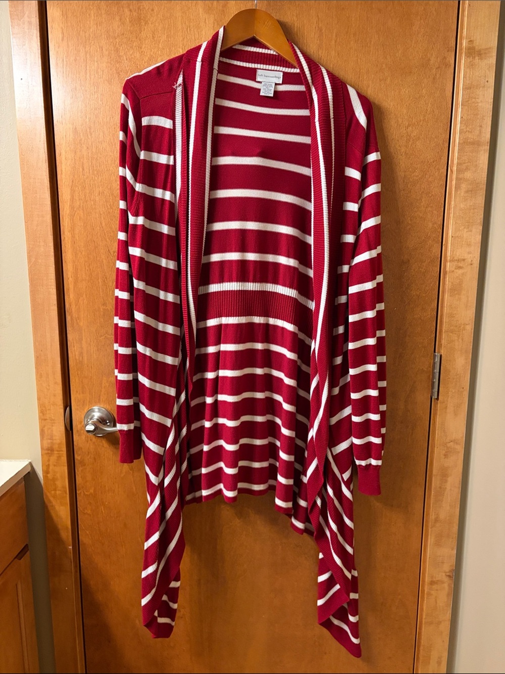 Soft Surroundings Striped Open Front Asymmetrical Cardigan - Red & White